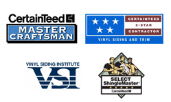 Four certification logos for construction: CertainTeed Master Craftsman, CertainTeed 5-Star Contractor, Vinyl Siding Institute, and CertainTeed Select ShingleMaster.