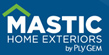 Logo for Mastic Home Exteriors by Ply Gem. Mastic is in large white letters, with a green roof shape over the A. Home Exteriors by Ply Gem appears below in smaller white text on a blue background.