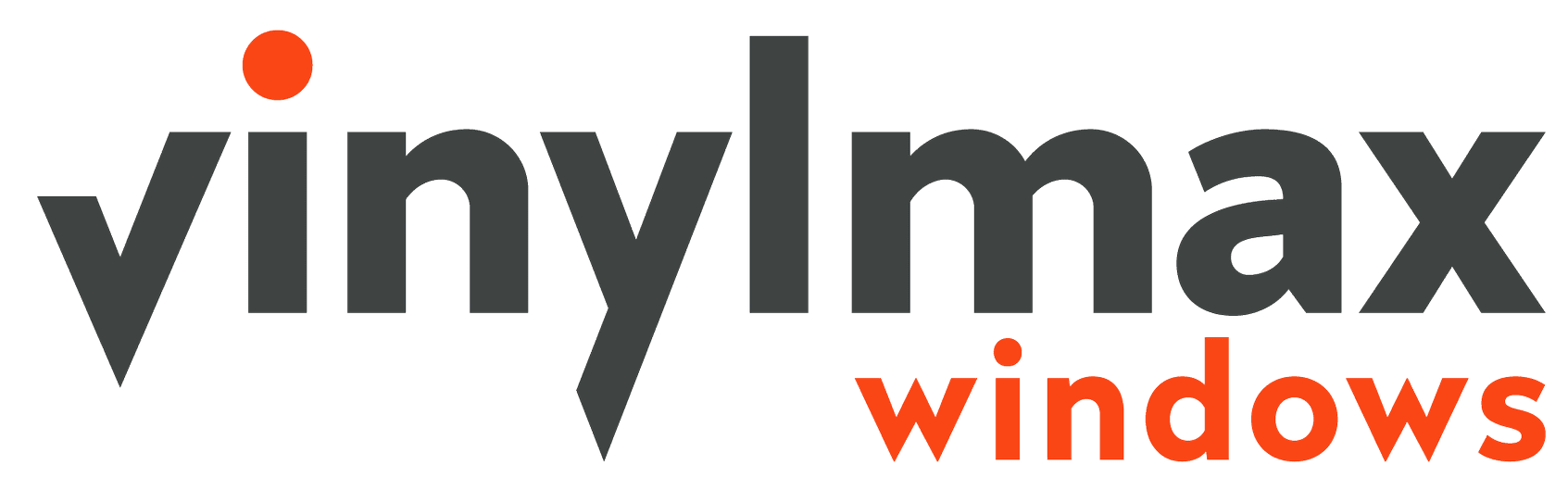 Logo for Vinylmax Windows. The word vinylmax is in bold dark gray lowercase letters, with an orange dot above the i. The word windows appears in orange lowercase letters below max.