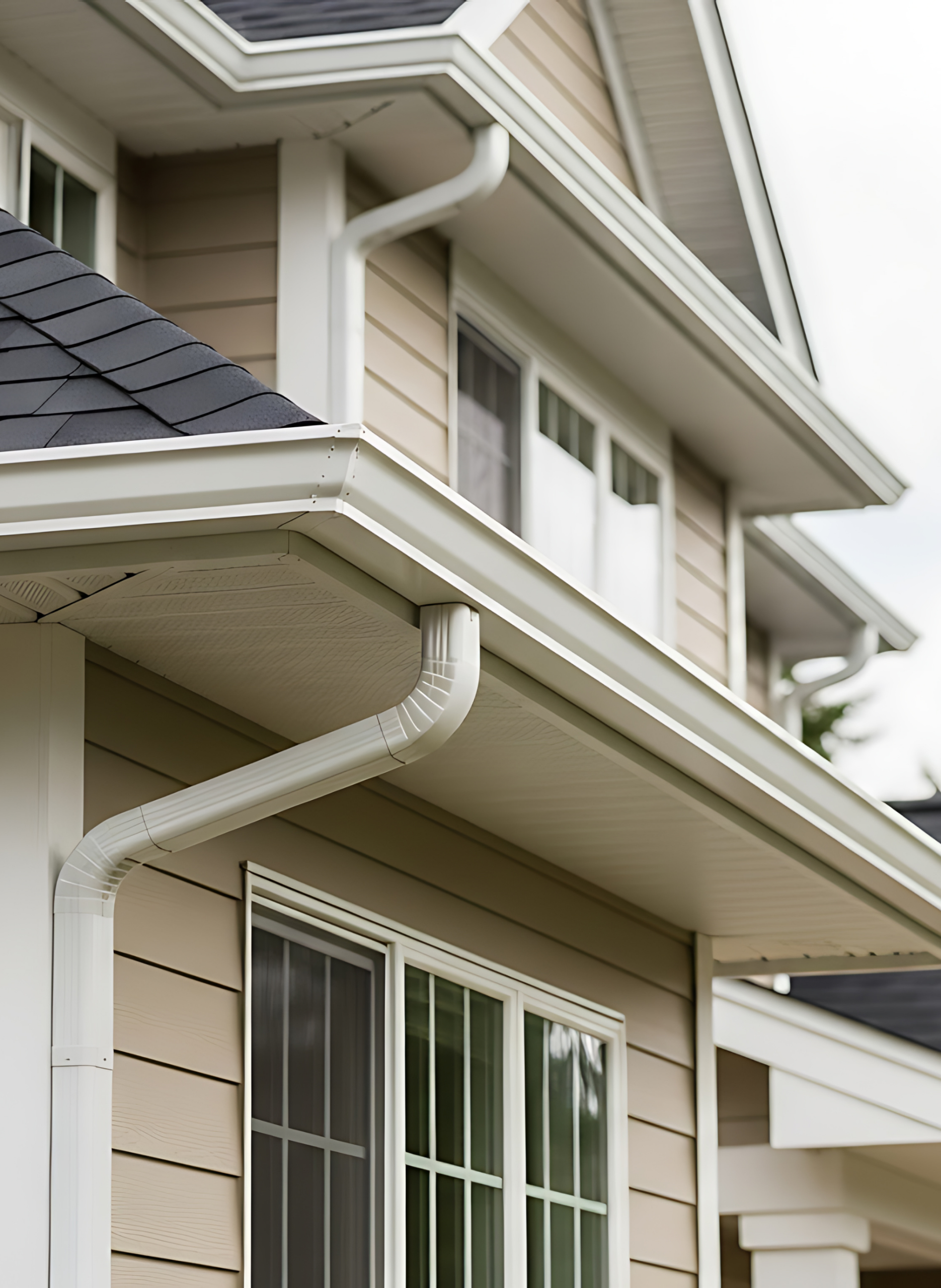 A close-up view of a modern house exterior shows beige siding, white trim, white gutters, and multiple windows with white frames beneath a dark shingled roof.